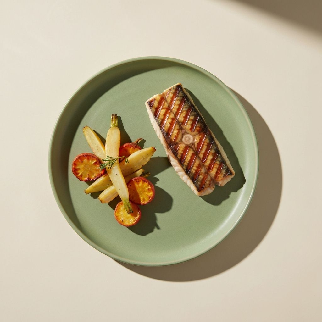 Balanced plate with grilled fish and roasted vegetables